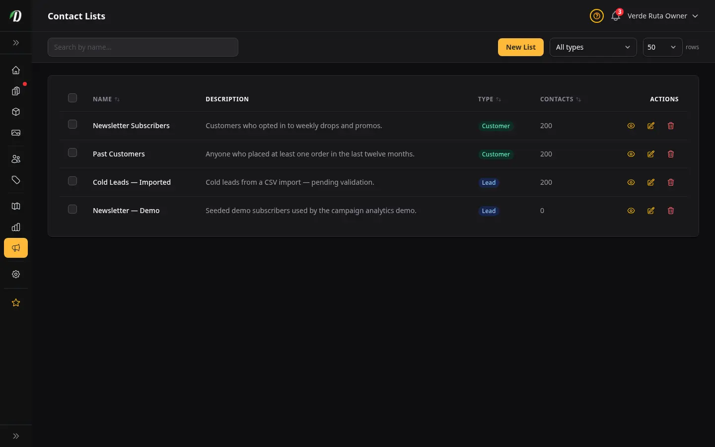 Página de listas de contactos de DabDash mostrando listas de socios, recuentos de contactos y controles de importación