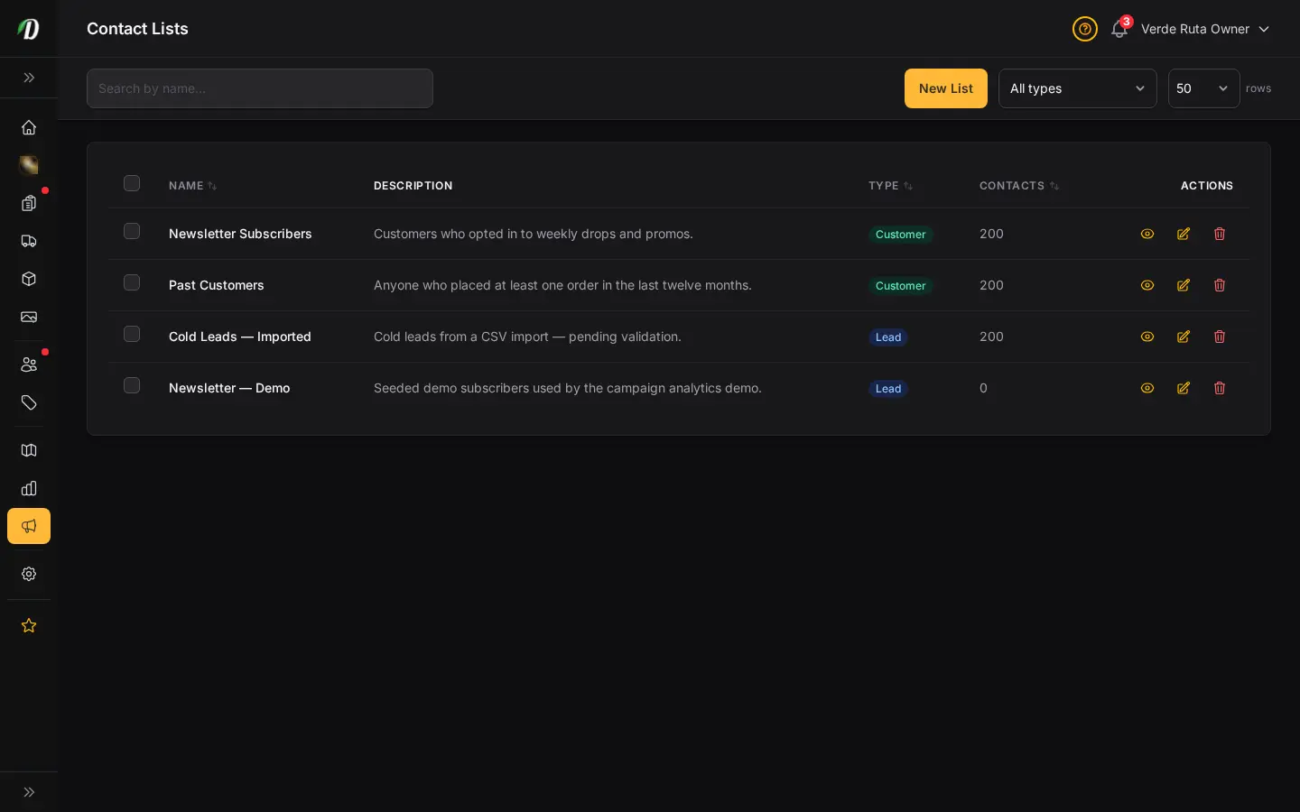 Página de listas de contactos de DabDash mostrando listas de socios, recuentos de contactos y controles de importación