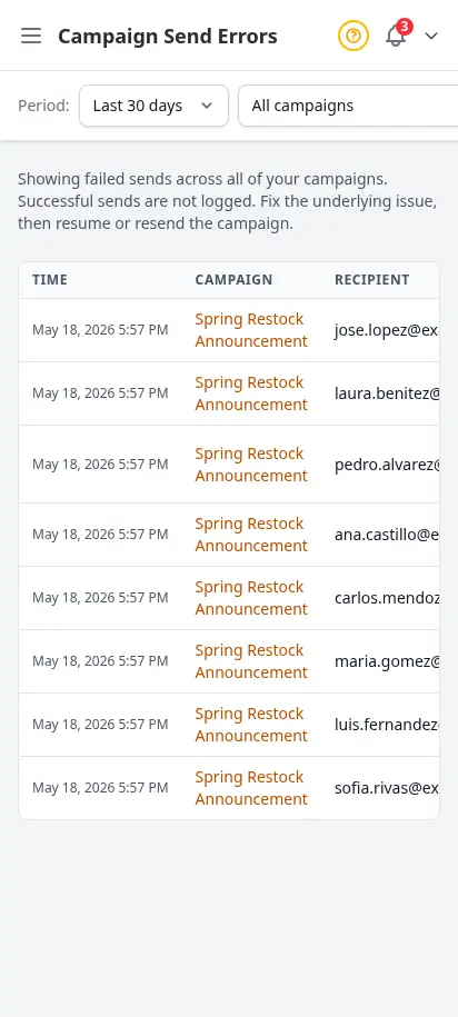 Página de errores de envío de campaña de DabDash mostrando tipos de fallo por destinatario, detalle del error y códigos de estado HTTP — vista móvil