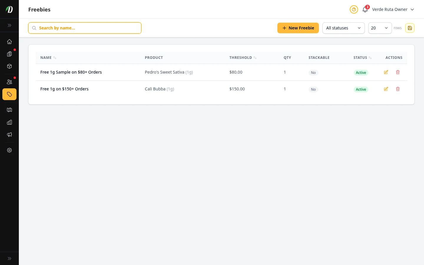 DabDash freebies page showing spend thresholds, reward products, and active rule status
