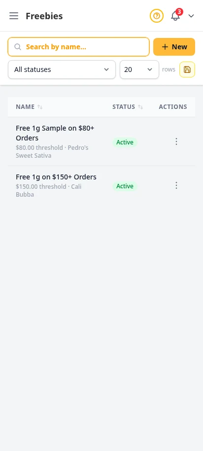 DabDash freebies page showing spend thresholds, reward products, and active rule status — mobile view