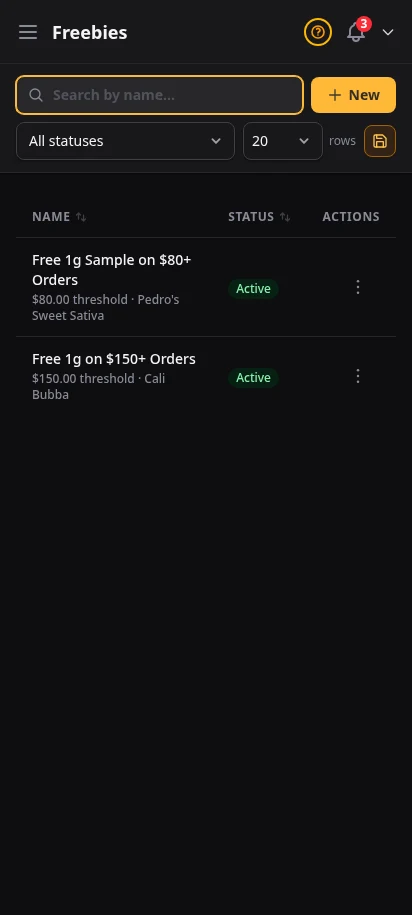 DabDash freebies page showing spend thresholds, reward products, and active rule status — mobile view