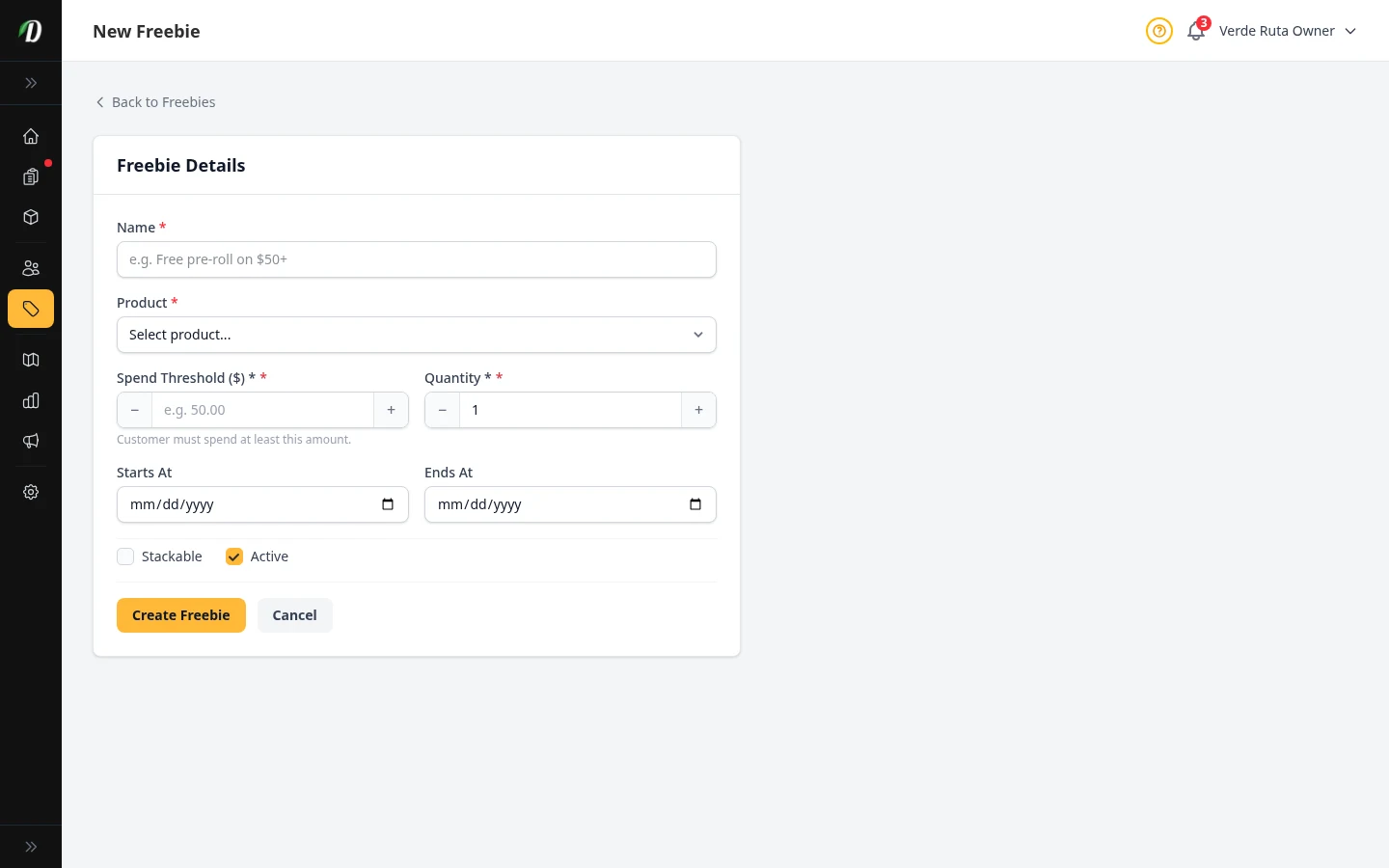 DabDash add freebie rule form showing spend threshold, reward product, and quantity fields