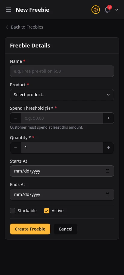 DabDash add freebie rule form showing spend threshold, reward product, and quantity fields — mobile view