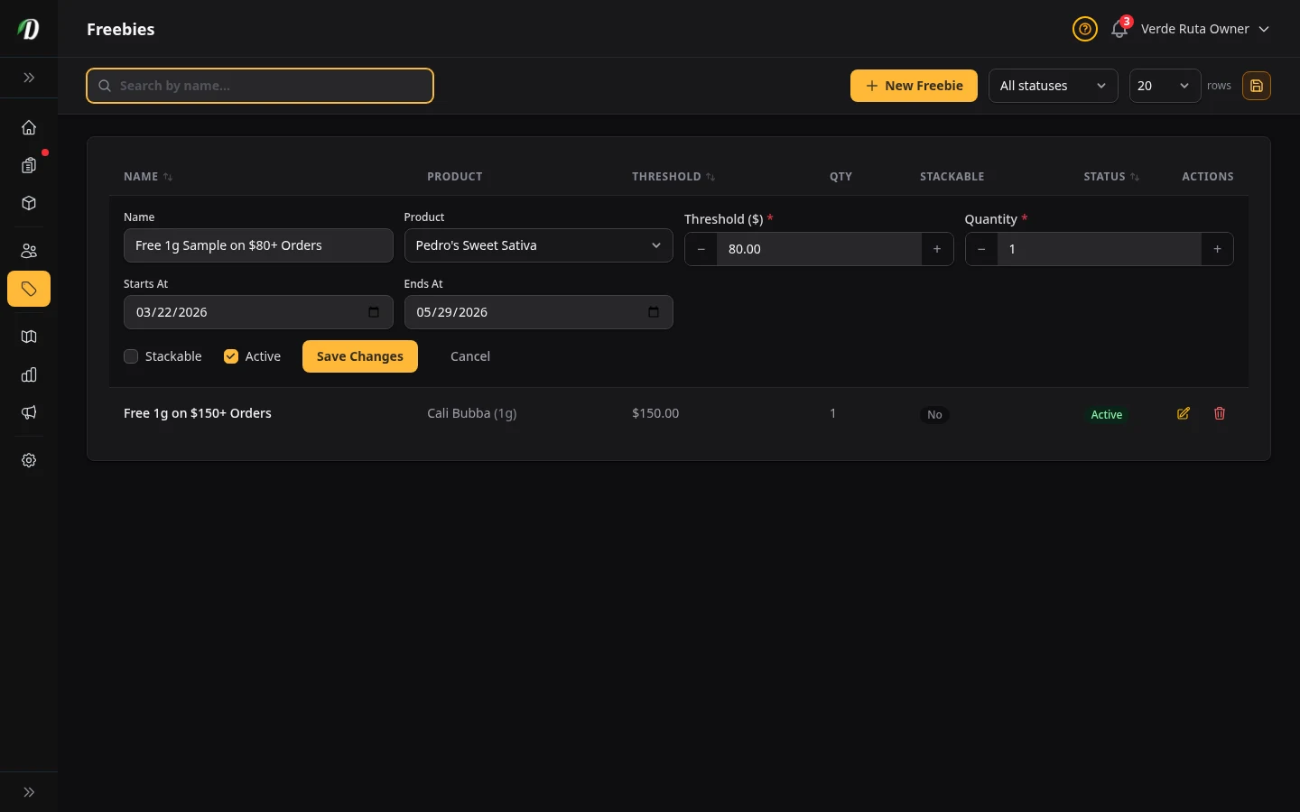 DabDash freebie editor showing a saved reward rule with threshold and product settings