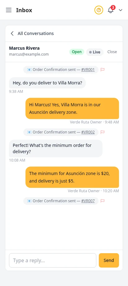 DabDash inbox conversation showing a full back and forth chat with a customer about an order