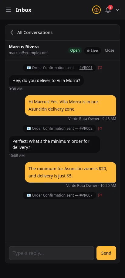 DabDash inbox conversation showing a full back and forth chat with a customer about an order