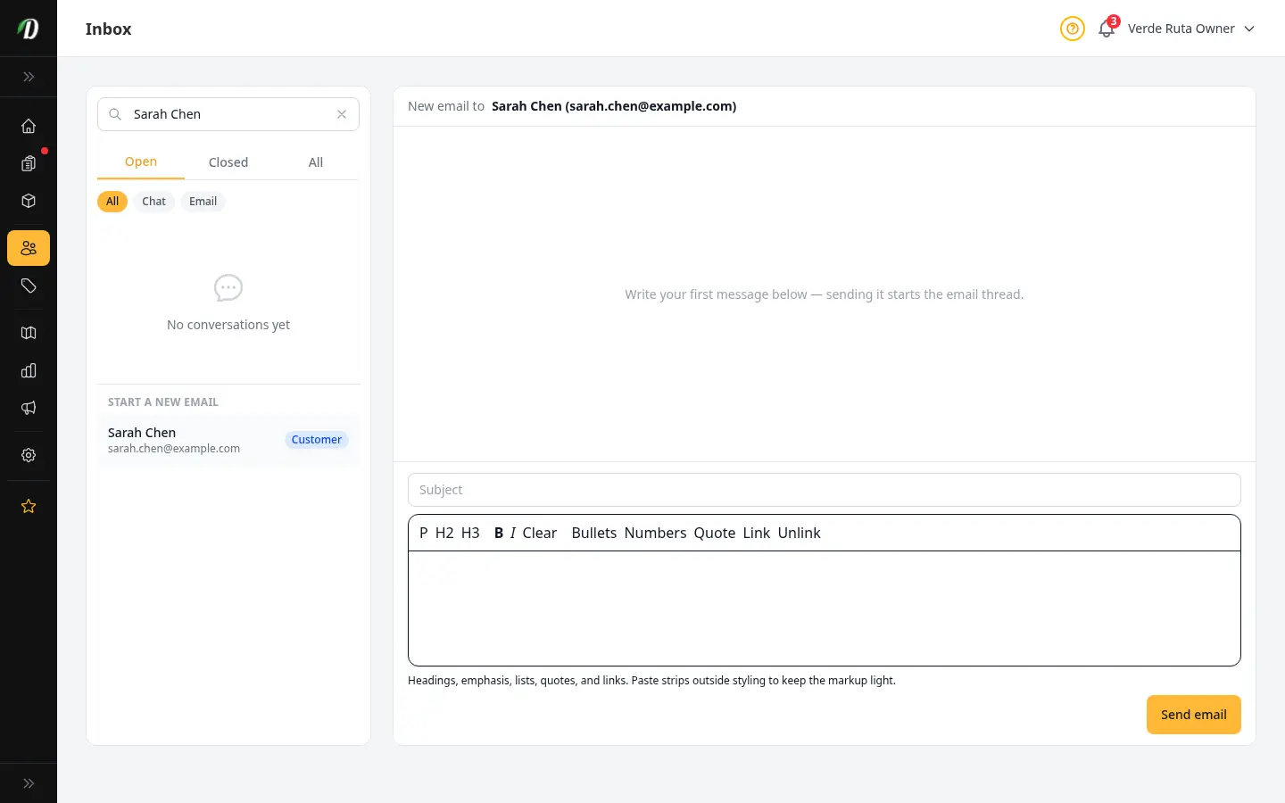 Bandeja de entrada de DabDash redactando un correo nuevo a un cliente, con destinatario, campo de asunto y editor de texto enriquecido listo para enviar el primer mensaje