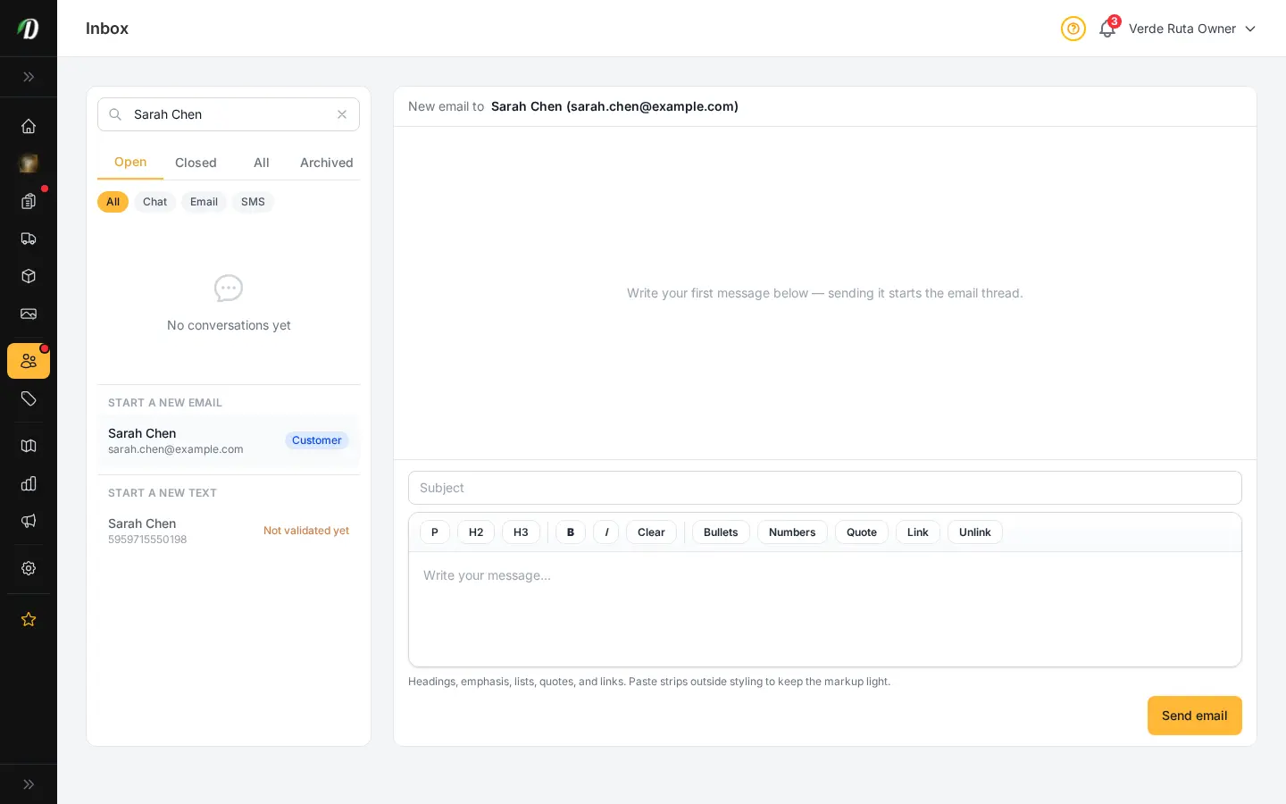 Bandeja de entrada de DabDash redactando un correo nuevo a un cliente, con destinatario, campo de asunto y editor de texto enriquecido listo para enviar el primer mensaje