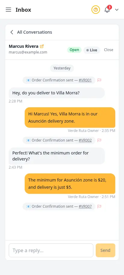 Bandeja de entrada de DabDash redactando un correo nuevo a un cliente, con destinatario, campo de asunto y editor de texto enriquecido listo para enviar el primer mensaje — vista móvil