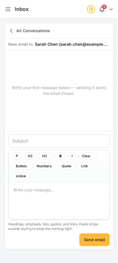 Bandeja de entrada de DabDash redactando un correo nuevo a un cliente, con destinatario, campo de asunto y editor de texto enriquecido listo para enviar el primer mensaje — vista móvil