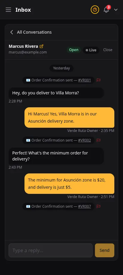 Bandeja de entrada de DabDash redactando un correo nuevo a un cliente, con destinatario, campo de asunto y editor de texto enriquecido listo para enviar el primer mensaje — vista móvil