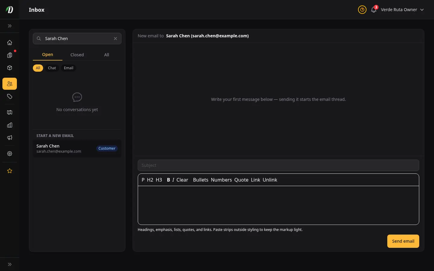 Bandeja de entrada de DabDash redactando un correo nuevo a un cliente, con destinatario, campo de asunto y editor de texto enriquecido listo para enviar el primer mensaje