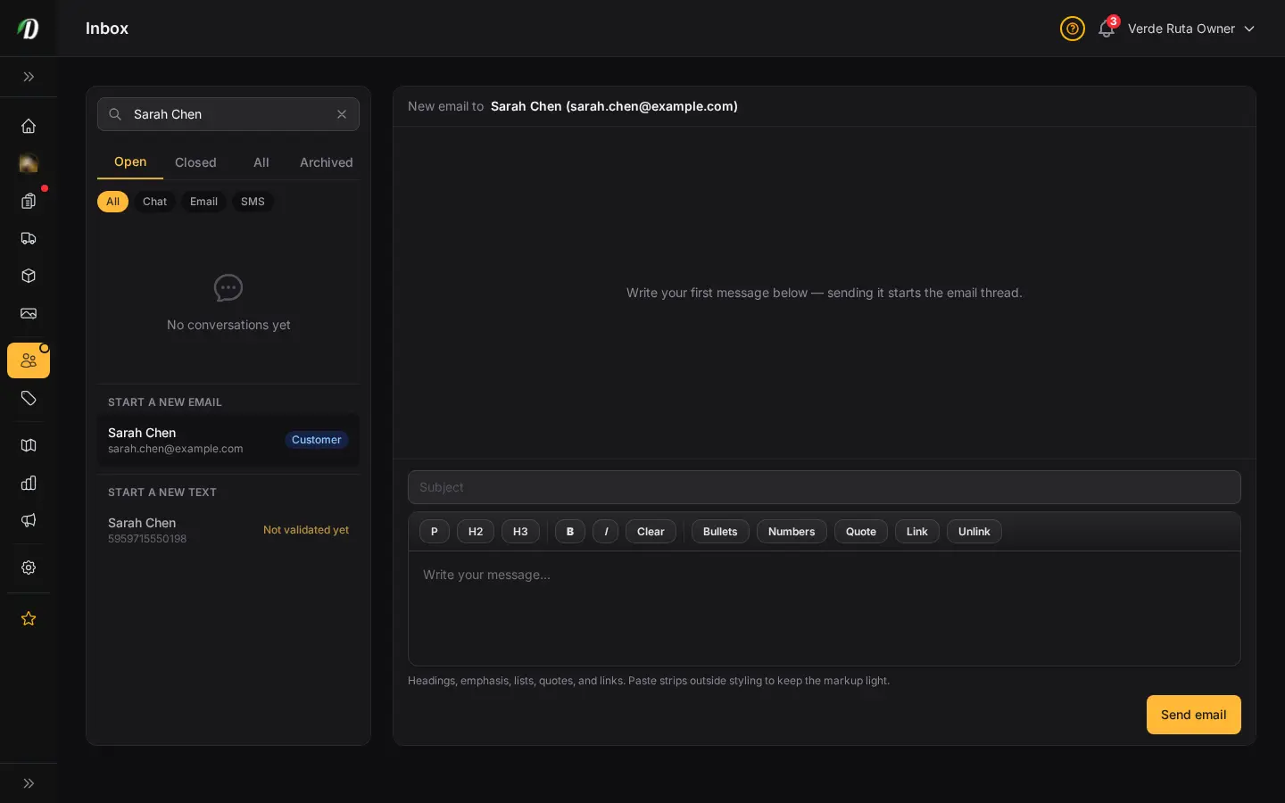 Bandeja de entrada de DabDash redactando un correo nuevo a un cliente, con destinatario, campo de asunto y editor de texto enriquecido listo para enviar el primer mensaje