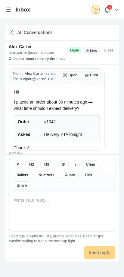 Hilo de correo en la bandeja de DabDash con Abrir e Imprimir a la derecha del encabezado De/Para y una vista previa HTML segura debajo — vista móvil