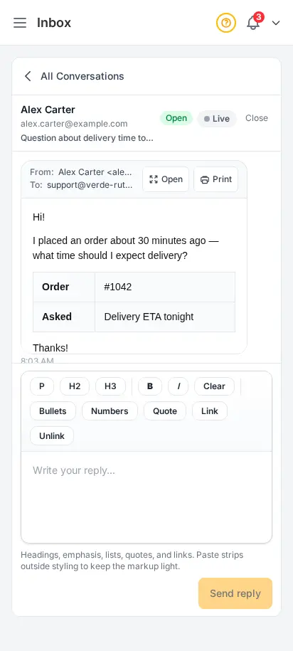 Hilo de correo en la bandeja de DabDash con Abrir e Imprimir a la derecha del encabezado De/Para y una vista previa HTML segura debajo — vista móvil