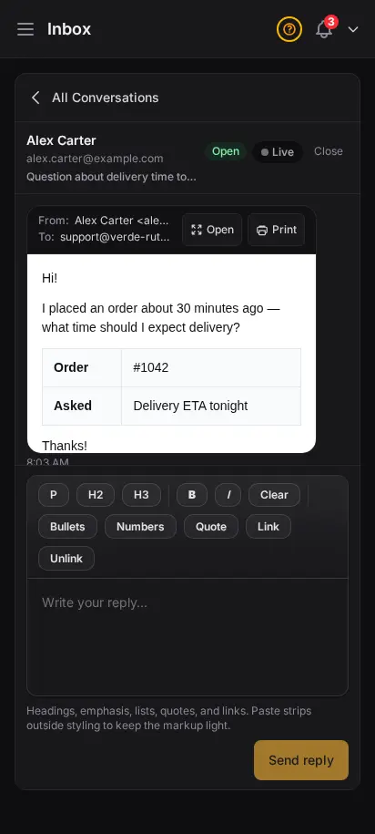 Hilo de correo en la bandeja de DabDash con Abrir e Imprimir a la derecha del encabezado De/Para y una vista previa HTML segura debajo — vista móvil