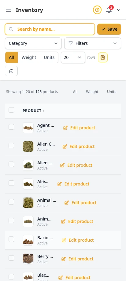 DabDash inventory page showing rich stock levels, unit counts, and low stock signals — mobile view
