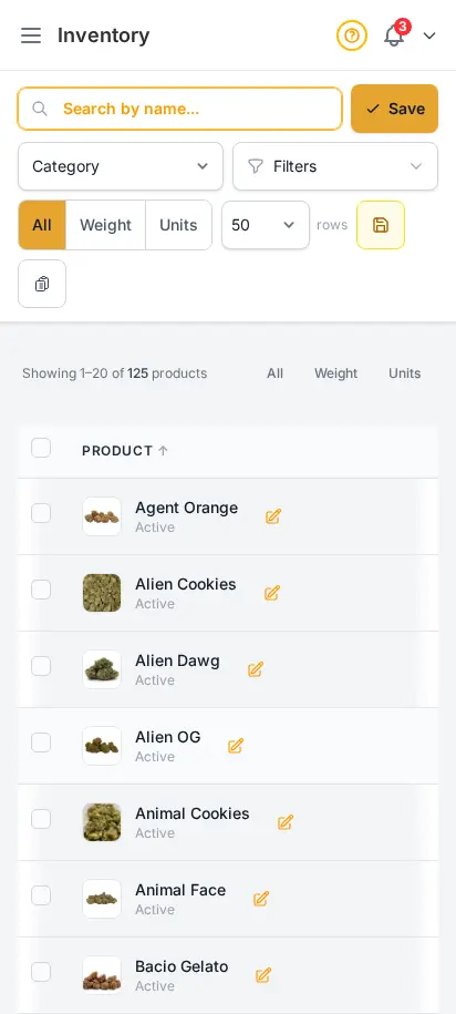 Página de inventario de DabDash mostrando niveles de stock detallados, recuentos de unidades y señales de stock bajo — vista móvil