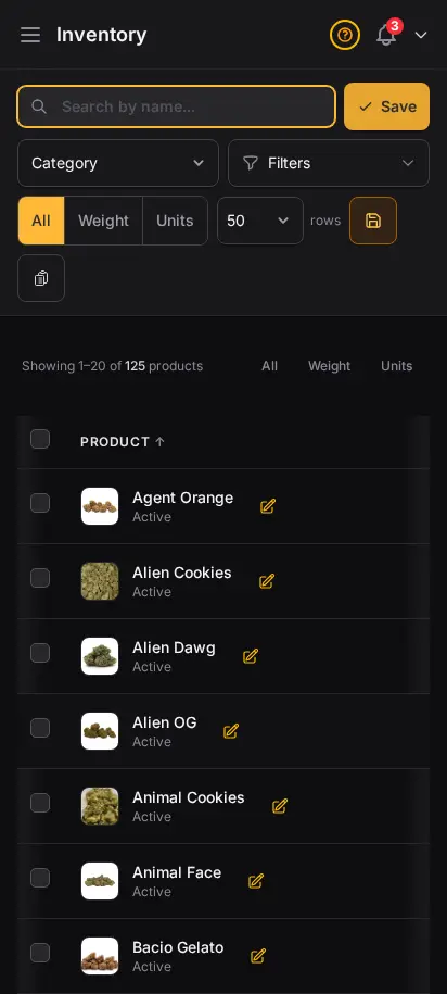 Página de inventario de DabDash mostrando niveles de stock detallados, recuentos de unidades y señales de stock bajo — vista móvil