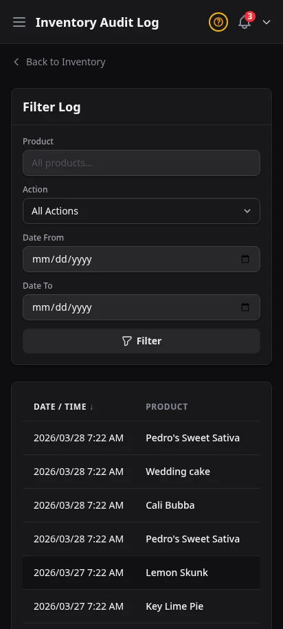 DabDash inventory audit log showing stock changes, reasons, timestamps, and quantities — mobile view