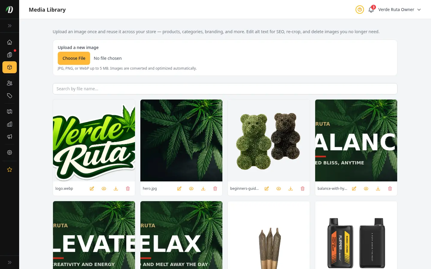 Biblioteca de Medios de DabDash mostrando una cuadrícula de imágenes reutilizables de la tienda con un panel de subida, un cuadro de búsqueda y acciones por imagen de editar, recortar, descargar y eliminar