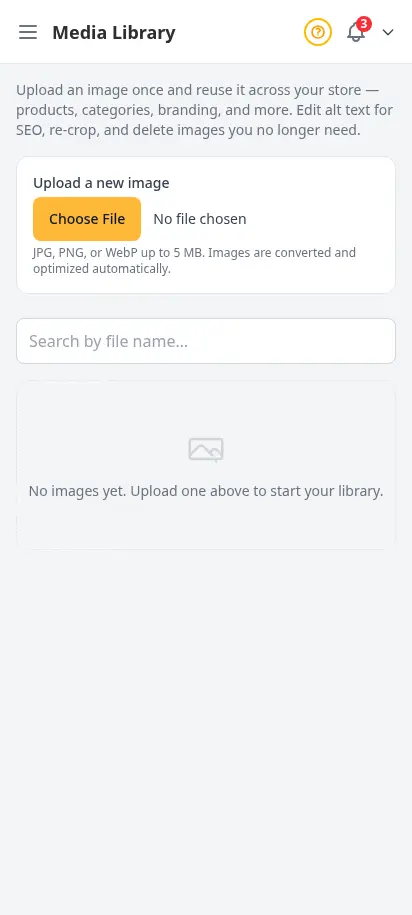 Biblioteca de medios de DabDash mostrando una cuadrícula de imágenes reutilizables de la tienda con subida, búsqueda y acciones por imagen de editar, recortar, descargar y eliminar