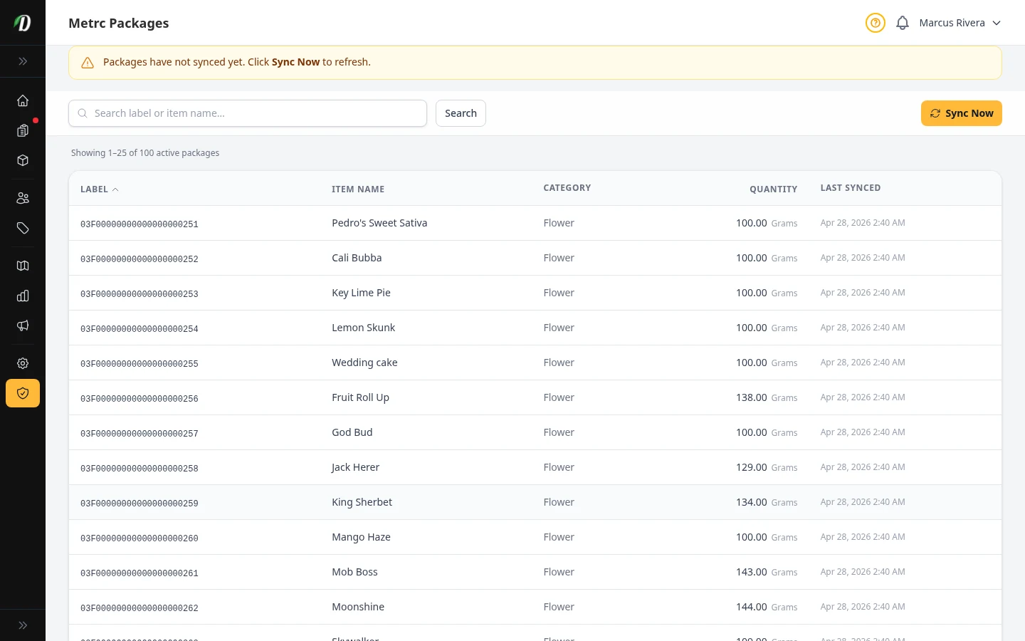 Metrc packages list showing package labels, item names, categories, quantities, and last synced times