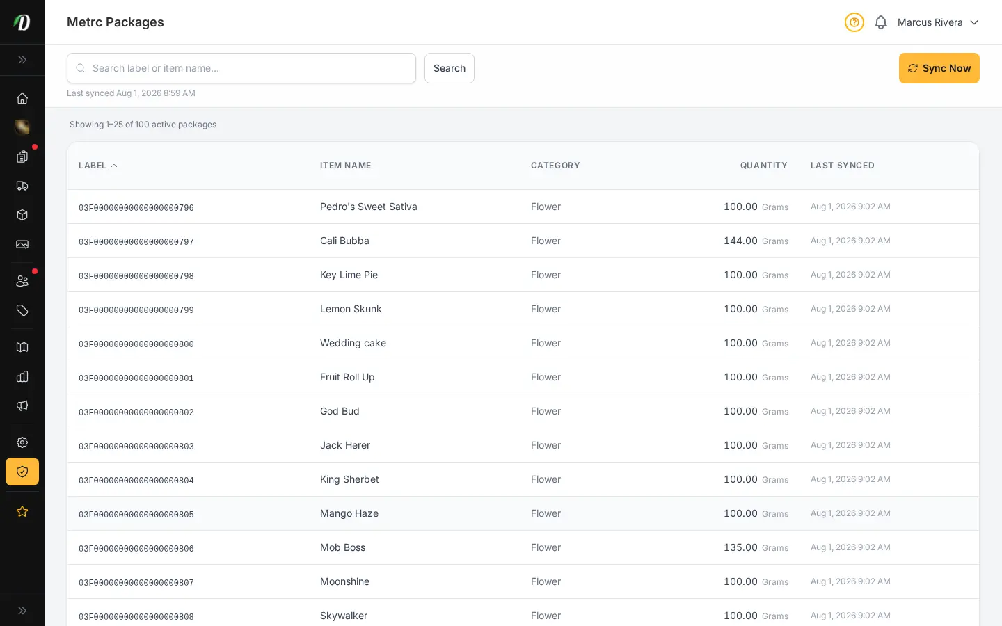Página de inventario Metrc de DabDash mostrando totales de paquetes estatales, números de etiqueta y cantidades sincronizadas desde la API de Metrc