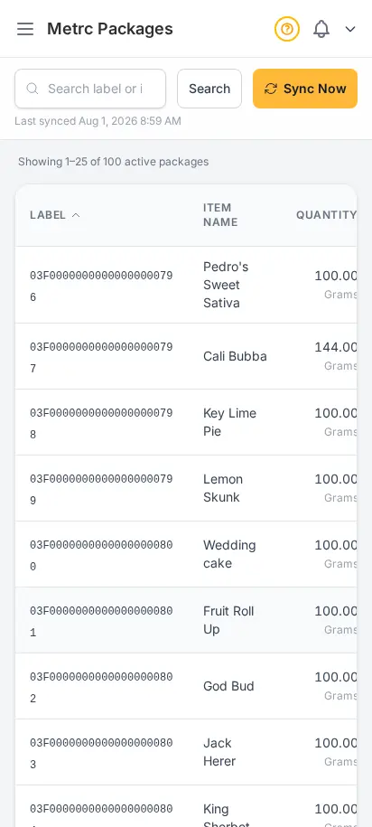 Página de inventario Metrc de DabDash mostrando totales de paquetes estatales, números de etiqueta y cantidades sincronizadas desde la API de Metrc — vista móvil
