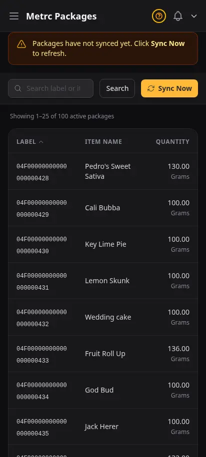 Página de inventario Metrc de DabDash mostrando totales de paquetes estatales, números de etiqueta y cantidades sincronizadas desde la API de Metrc — vista móvil