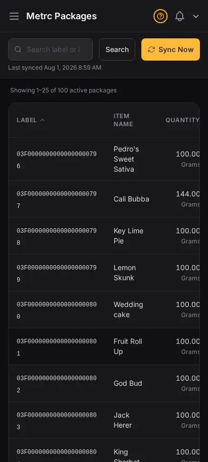 Página de inventario Metrc de DabDash mostrando totales de paquetes estatales, números de etiqueta y cantidades sincronizadas desde la API de Metrc — vista móvil