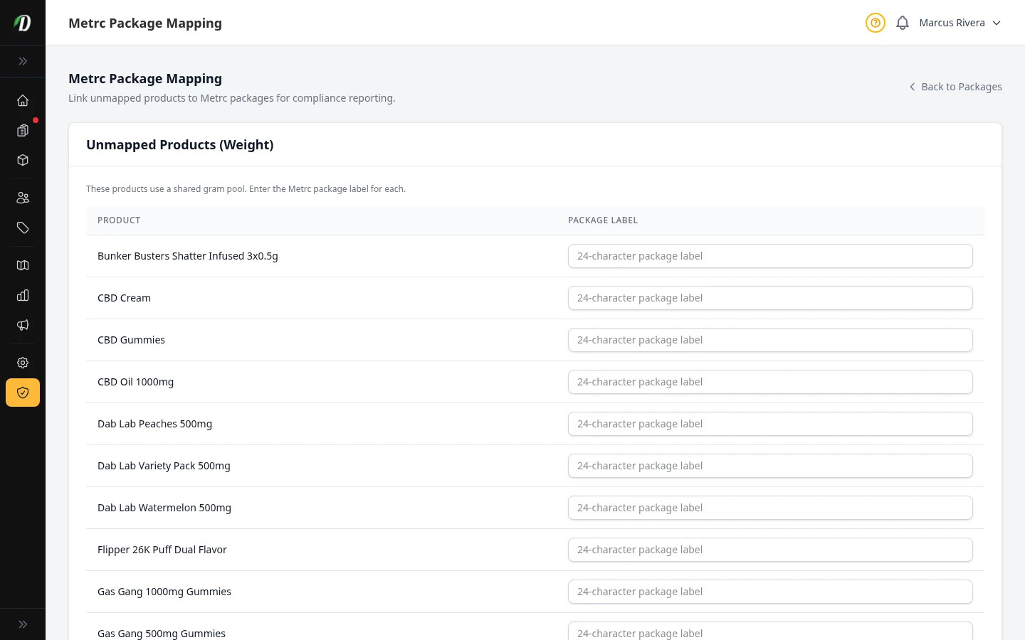 Metrc package mapping page showing unmapped products and variations with package label input fields