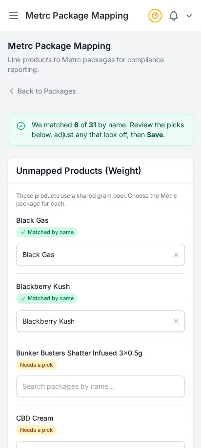 Página de mapeo Metrc de DabDash mostrando paquetes estatales vinculados a productos DabDash con cantidades y conversiones de unidad — vista móvil