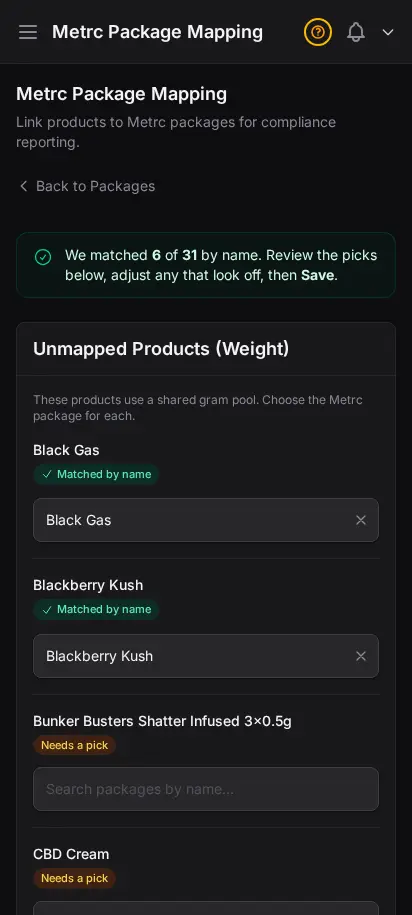 Página de mapeo Metrc de DabDash mostrando paquetes estatales vinculados a productos DabDash con cantidades y conversiones de unidad — vista móvil
