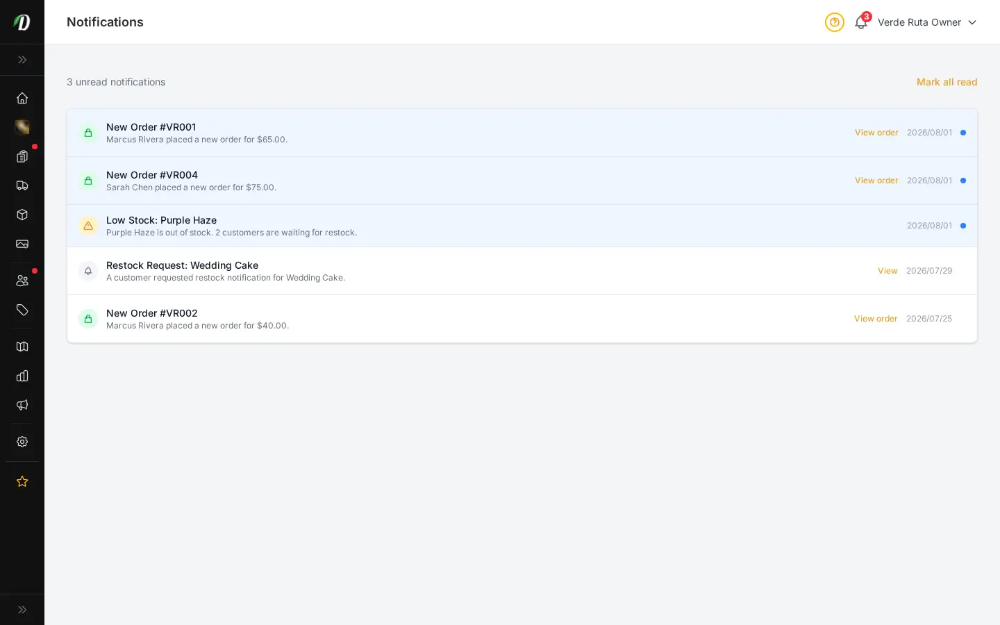 Feed de notificaciones de DabDash mostrando alertas de pedidos no leídos, alertas de stock y marcas de tiempo