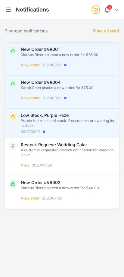 Feed de notificaciones de DabDash mostrando alertas de pedidos no leídos, alertas de stock y marcas de tiempo