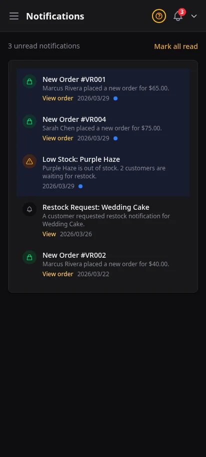 DabDash notification feed showing unread order alerts, stock alerts, and timestamps