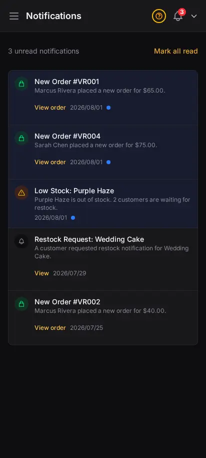 Feed de notificaciones de DabDash mostrando alertas de pedidos no leídos, alertas de stock y marcas de tiempo