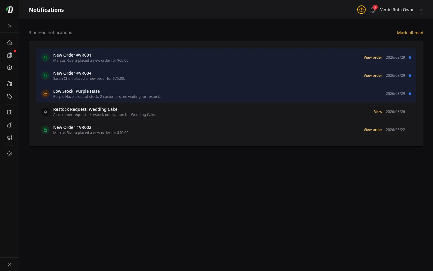 DabDash notification feed showing unread order alerts, stock alerts, and timestamps