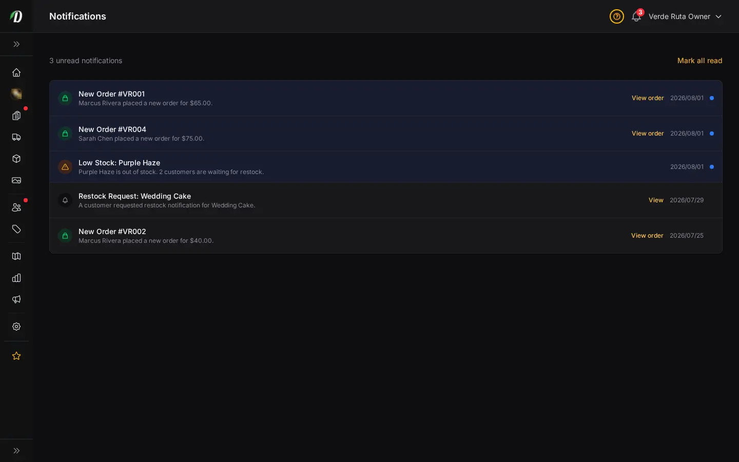 Feed de notificaciones de DabDash mostrando alertas de pedidos no leídos, alertas de stock y marcas de tiempo