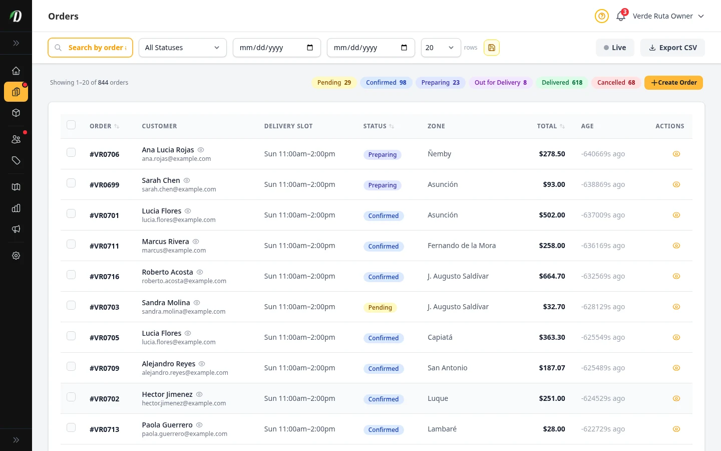DabDash order table showing live orders with customer names, status badges, totals, and delivery windows