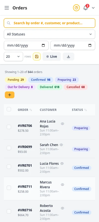 DabDash order table showing live orders with customer names, status badges, totals, and delivery windows — mobile view