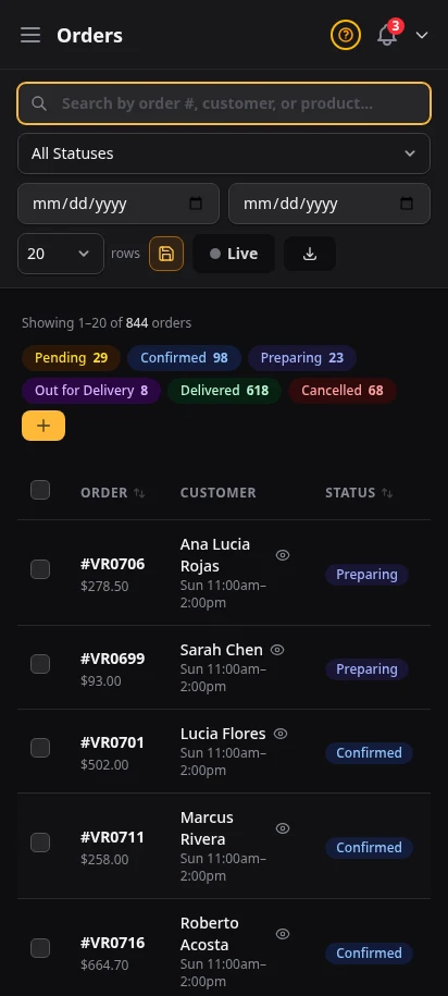 DabDash order table showing live orders with customer names, status badges, totals, and delivery windows — mobile view