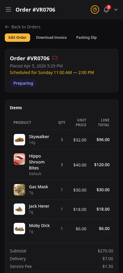 DabDash order detail page showing customer information, line items, delivery fee, and payment status — mobile view