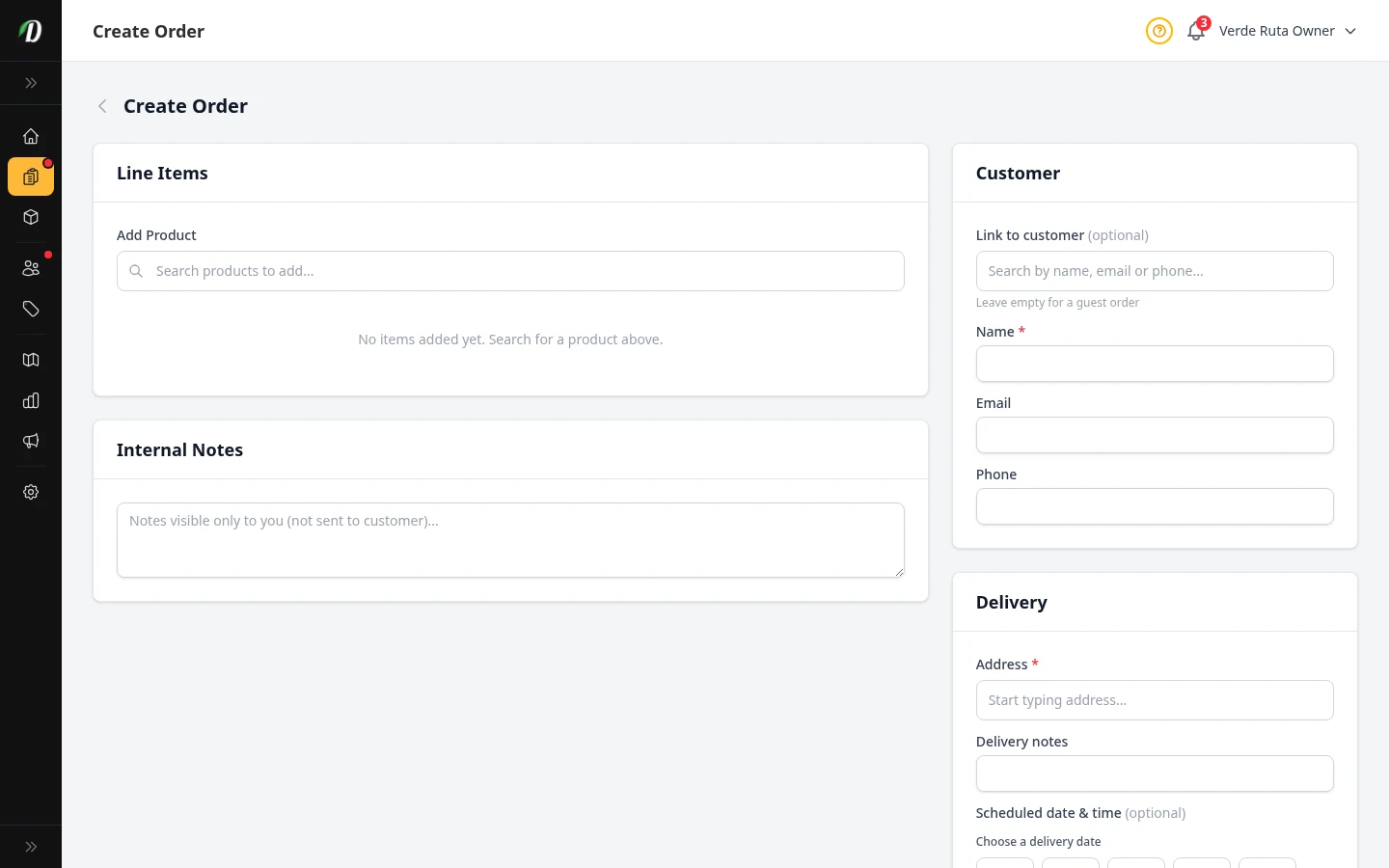 DabDash create order page showing customer, address, product, and delivery controls