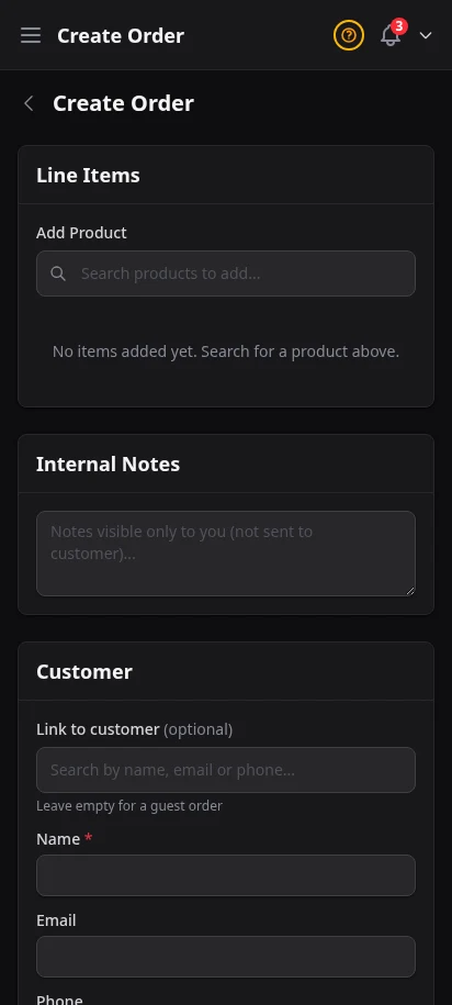 DabDash create order page showing customer, address, product, and delivery controls — mobile view