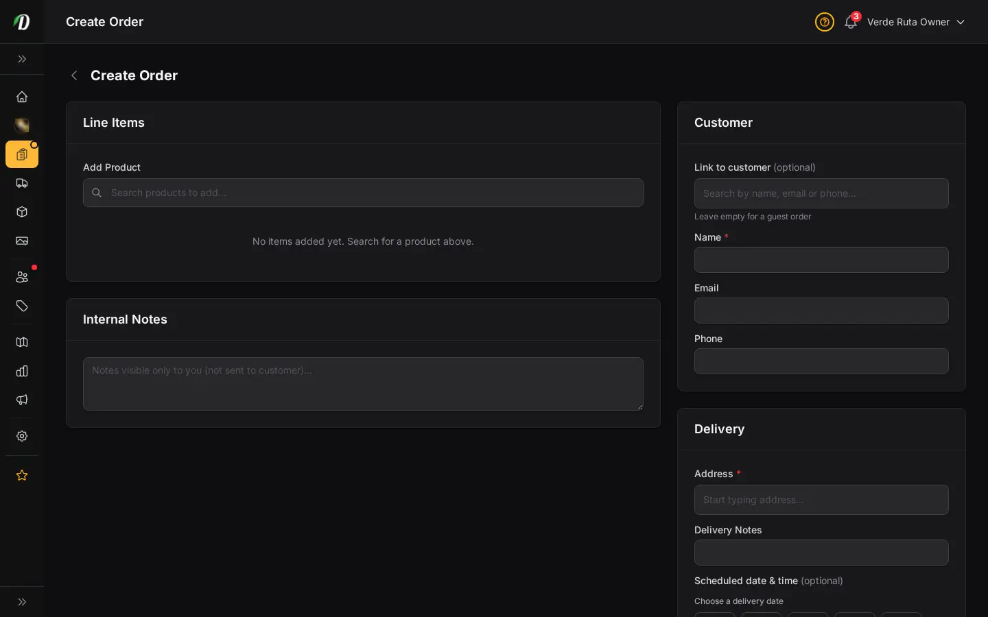 Página de creación de pedido de DabDash mostrando controles de cliente, dirección, producto y entrega