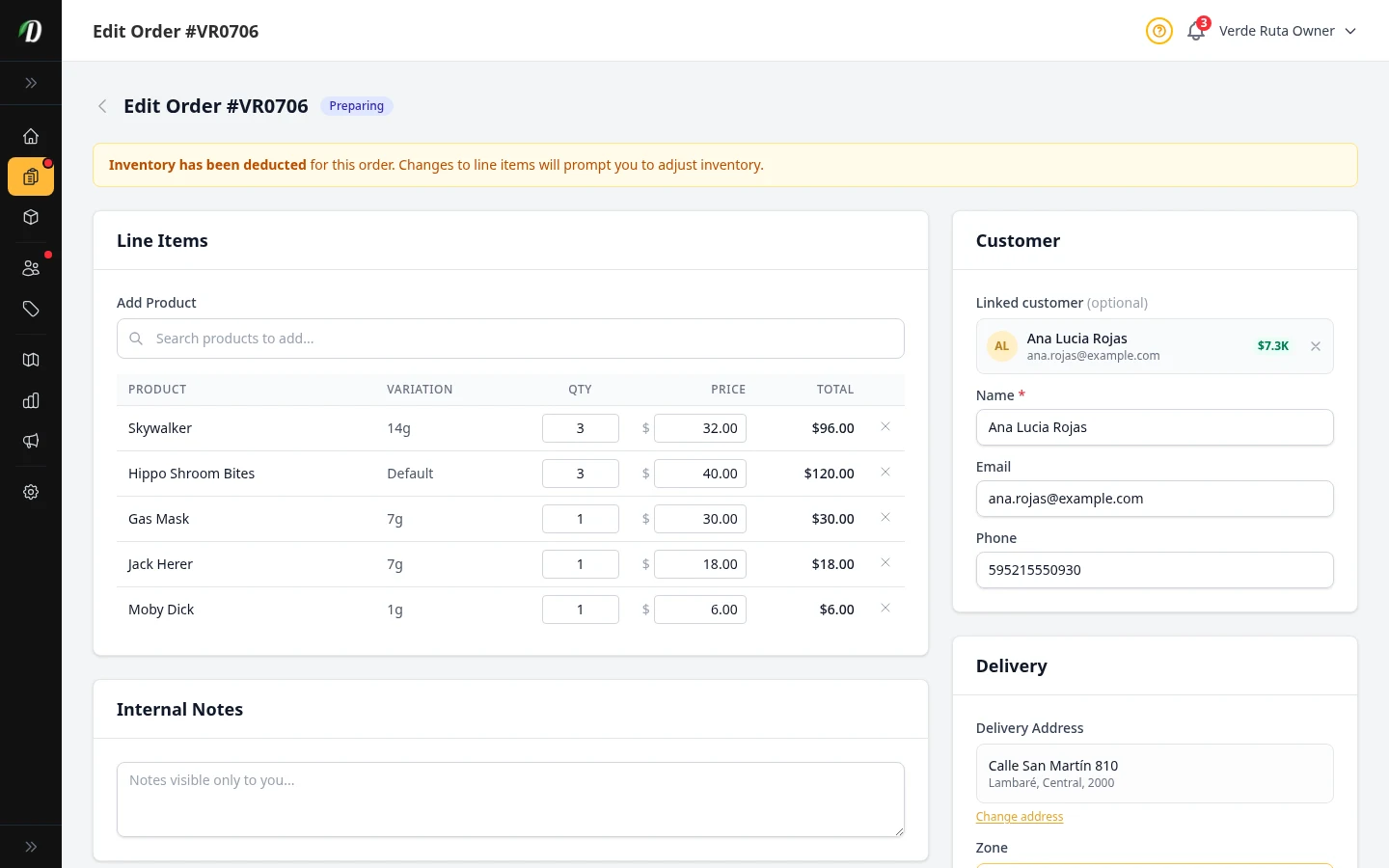 DabDash edit order page showing saved order details, item adjustments, and order status controls