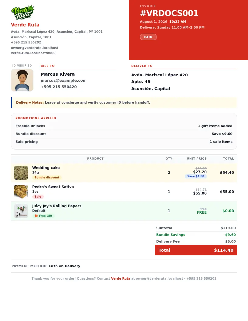 Vista previa de factura de DabDash mostrando el recorte de cara del cliente y promociones apiladas incluyendo artículos gratis, ahorros de mezcla y combinación, precios de oferta y código promocional